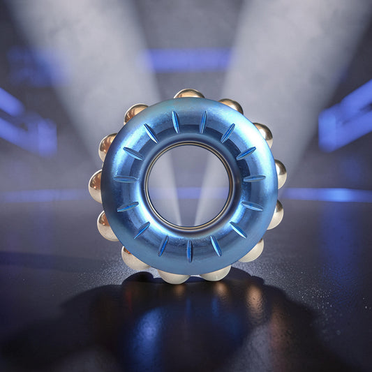 The Curious Mind blue metal bead wheel spinner with gold beads and grooved detailing. A premium fidget toy.
