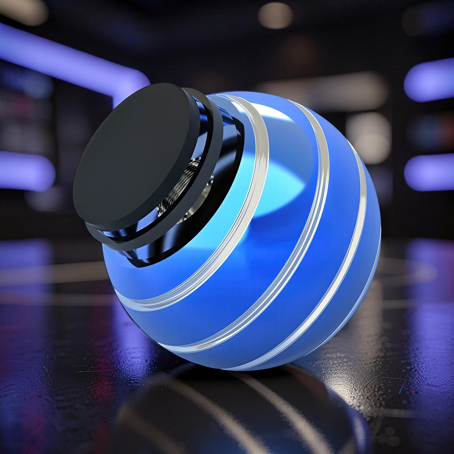 The Curious Mind blue metal desktop stress ball with silver stripes and black top, designed for fidgeting and stress relief.