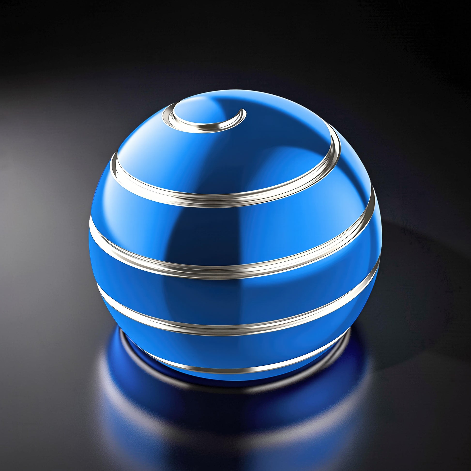 The Curious Mind high-gloss blue metal desktop stress ball with silver spiral detailing. Weighted for palm rolling and desk spinning.
