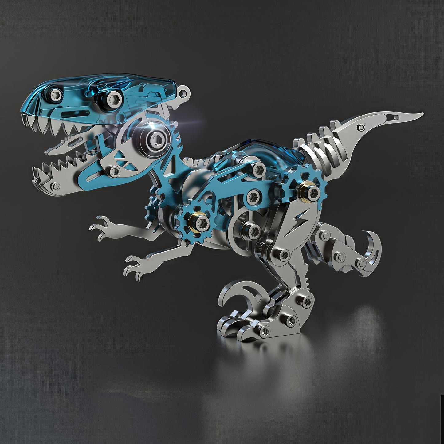 The Curious Mind blue velociraptor 3D metal model kit with intricate gears and transparent blue body panels.