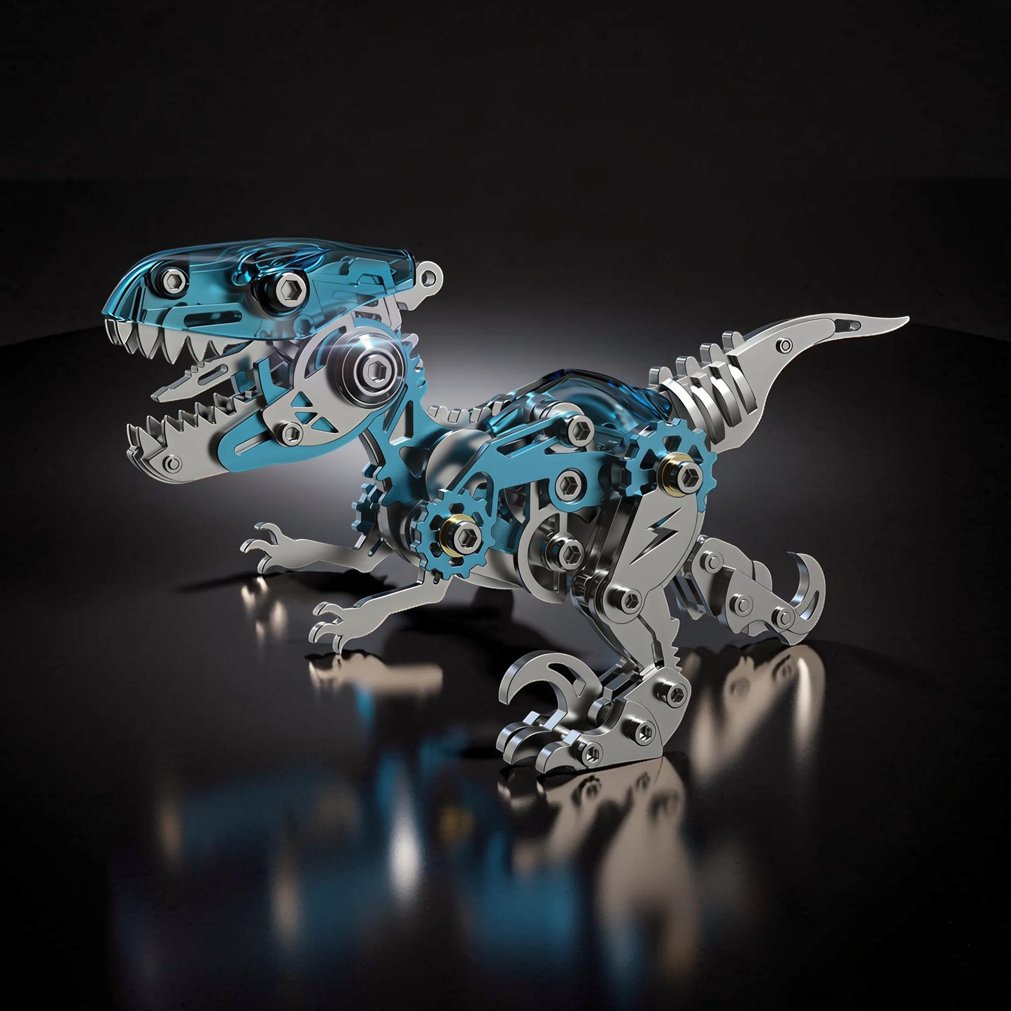 The Curious Mind blue velociraptor 3D metal model kit with intricate gears and transparent blue accents.