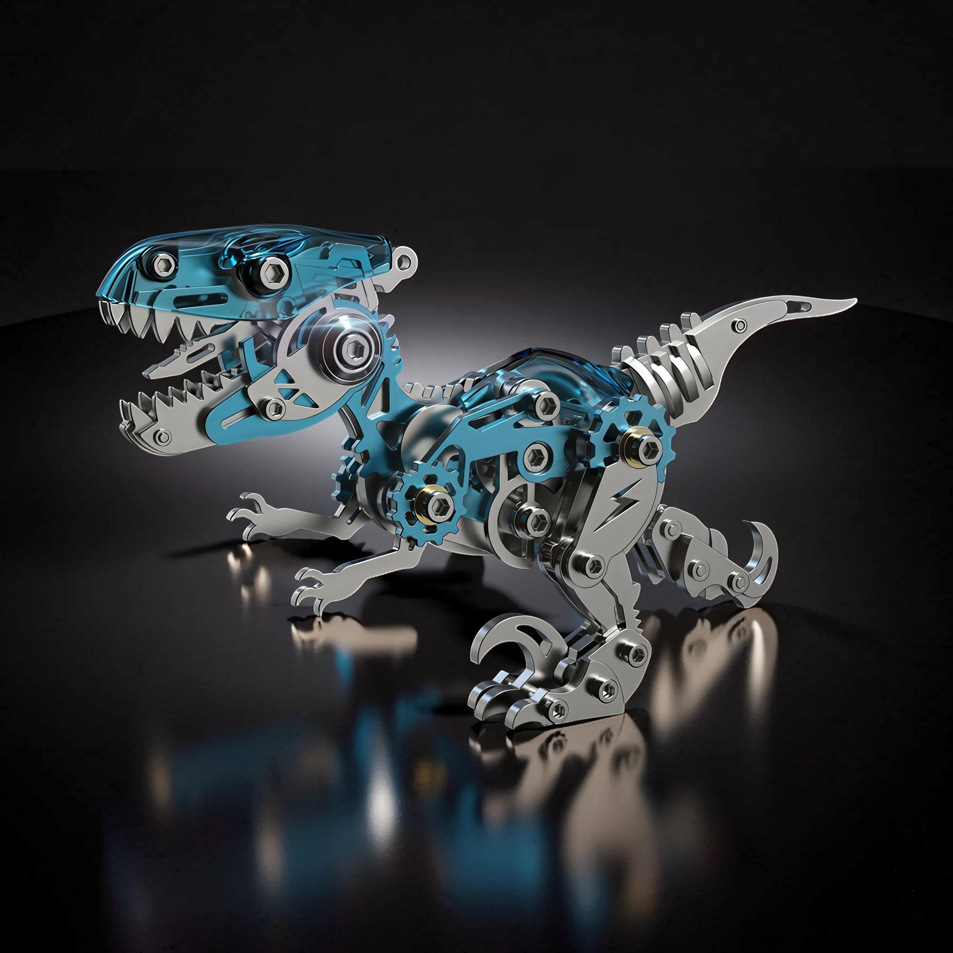 The Curious Mind blue velociraptor 3D metal model kit with intricate gears and transparent blue accents.