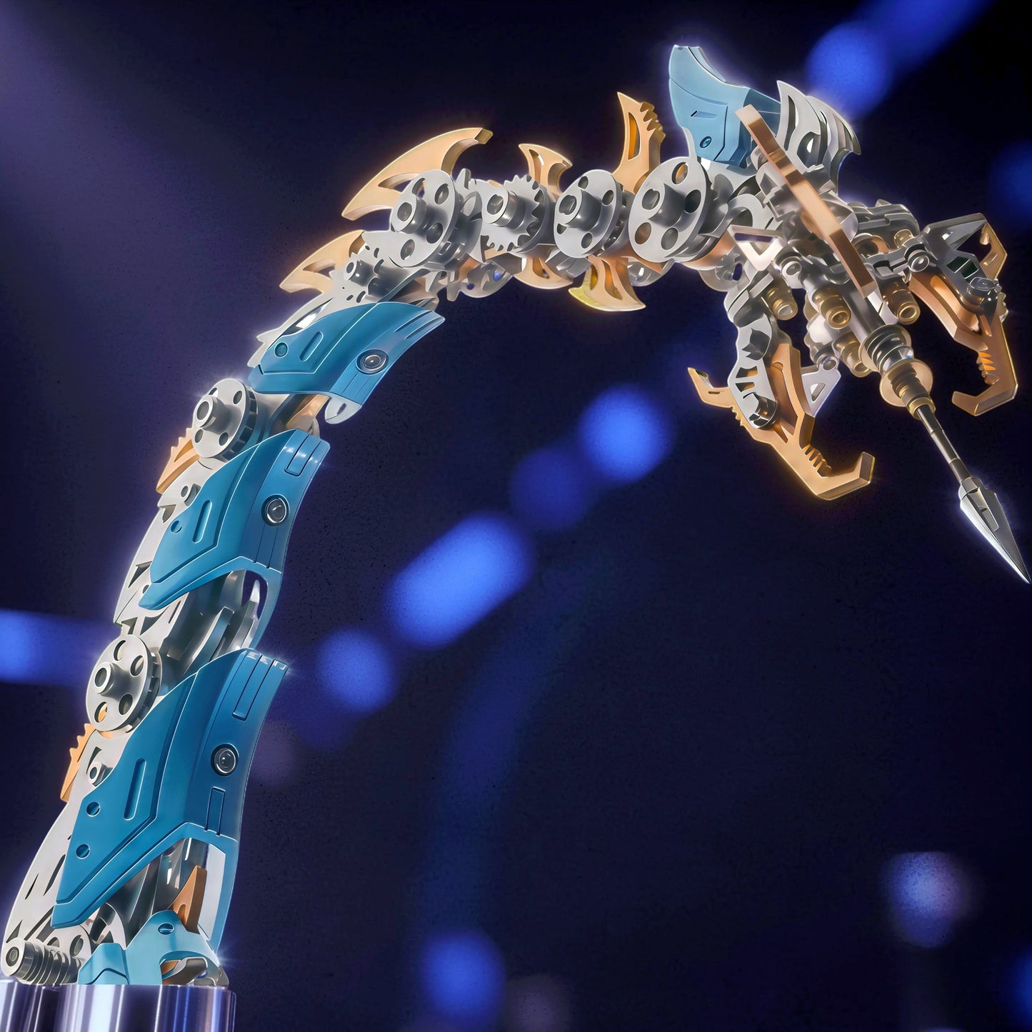 The Curious Mind Blue War Scorpion King 3D metal model kit with intricate gears and blue plating.