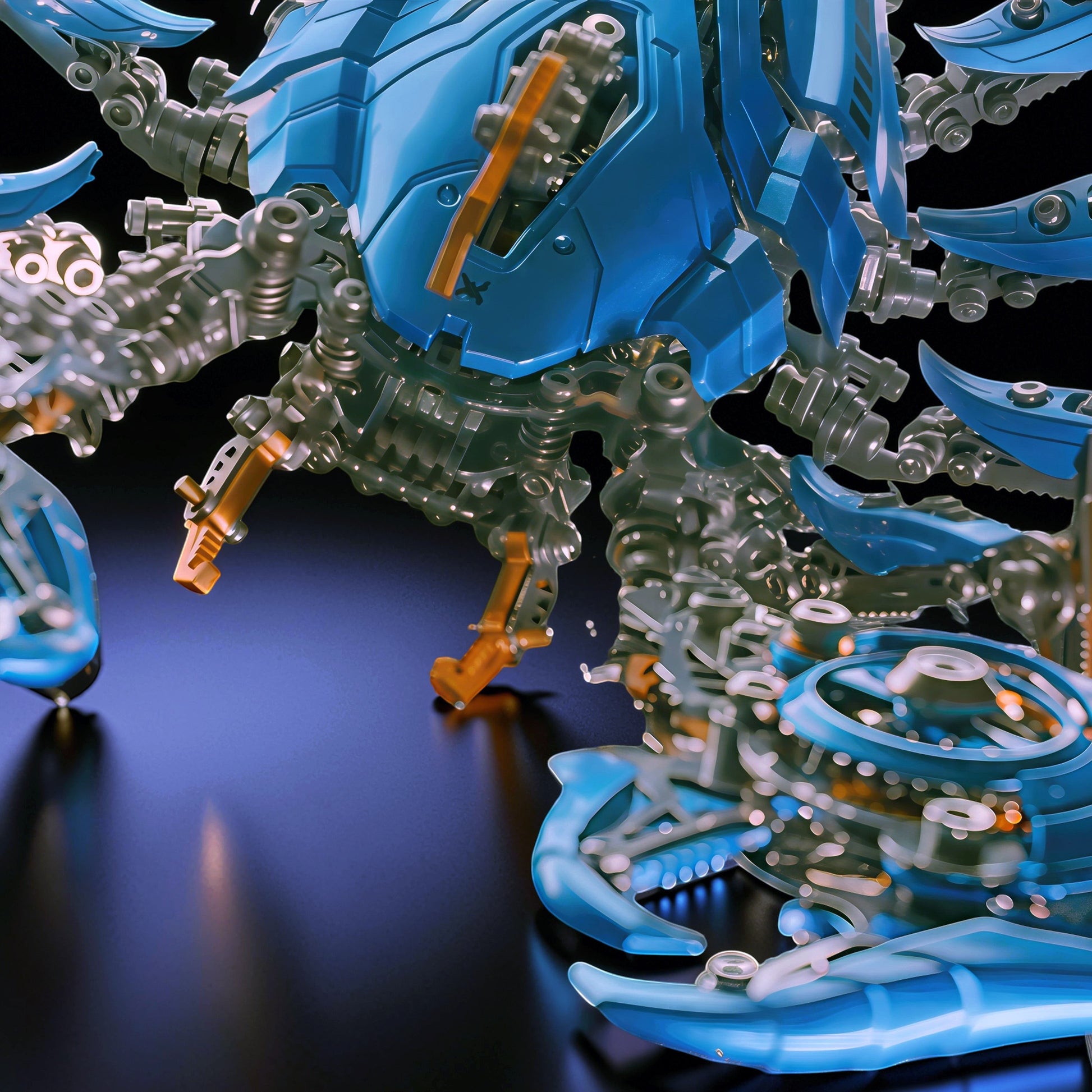 The Curious Mind Blue War Scorpion King 3D metal model kit with intricate mechanical details and orange accents.