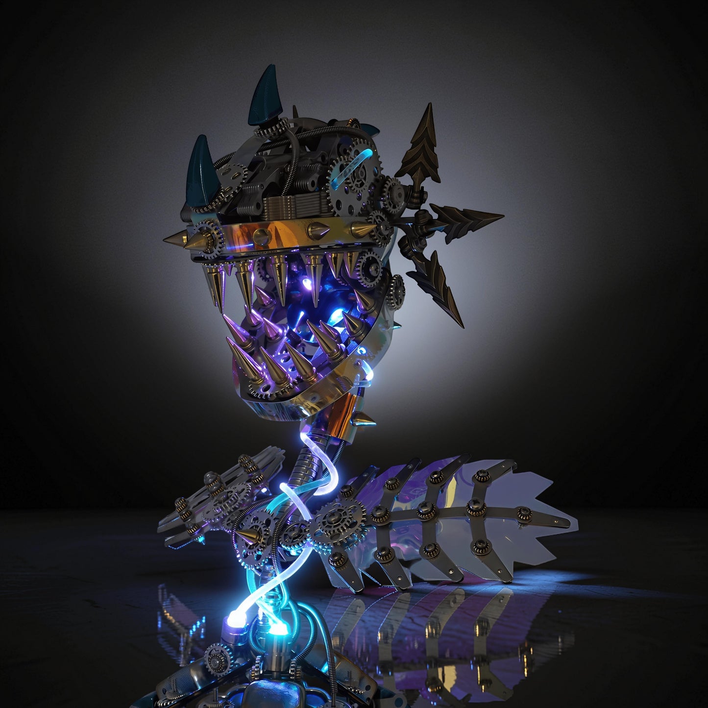 The Curious Mind Cannibal Flower steampunk 3D metal model kit with intricate gears, sharp teeth, and glowing blue lights.