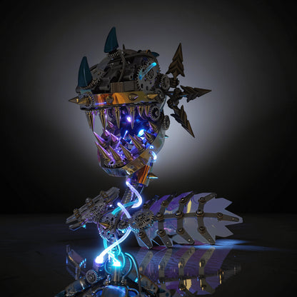 The Curious Mind Cannibal Flower steampunk 3D metal model kit with intricate gears, sharp teeth, and glowing blue lights.