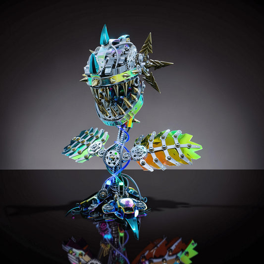 The Curious Mind Cannibal Flower steampunk 3D metal model kit with iridescent metallic details and sharp teeth.