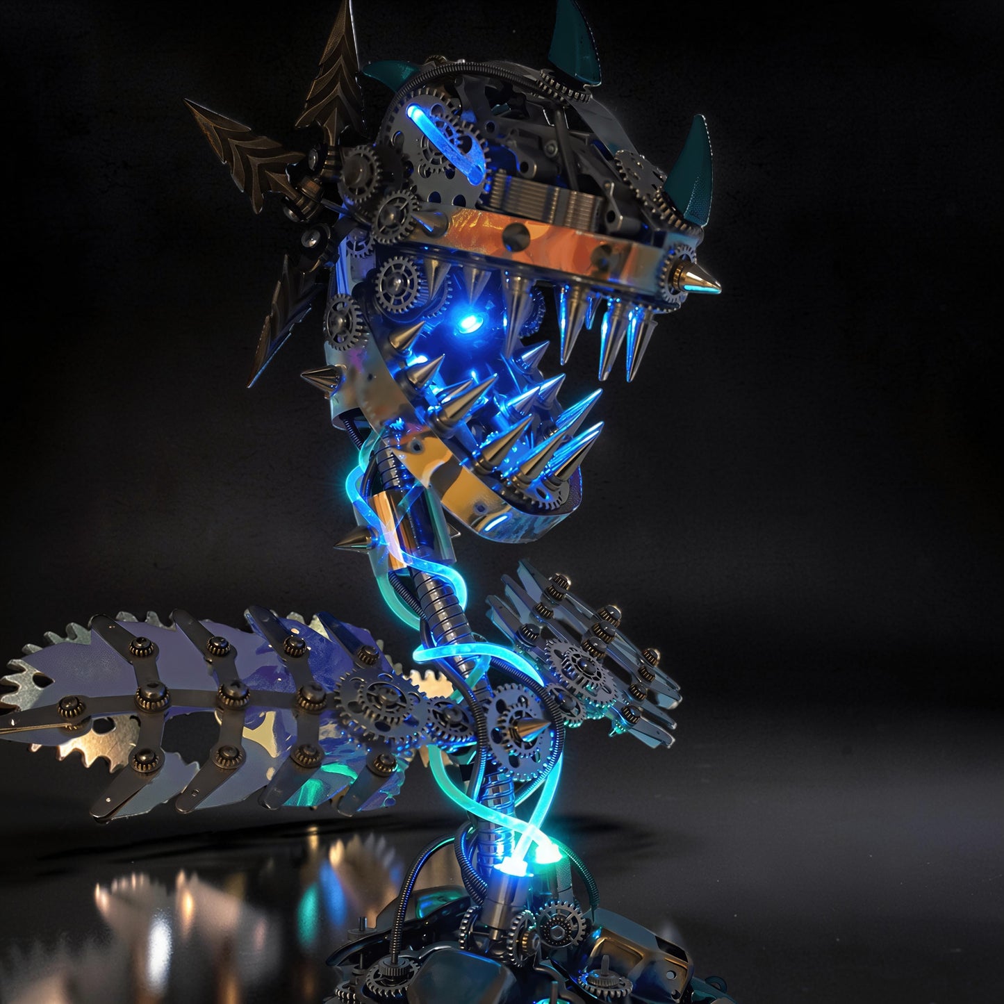 The Curious Mind Cannibal Flower steampunk 3D metal model kit with blue LED lights and intricate gears.