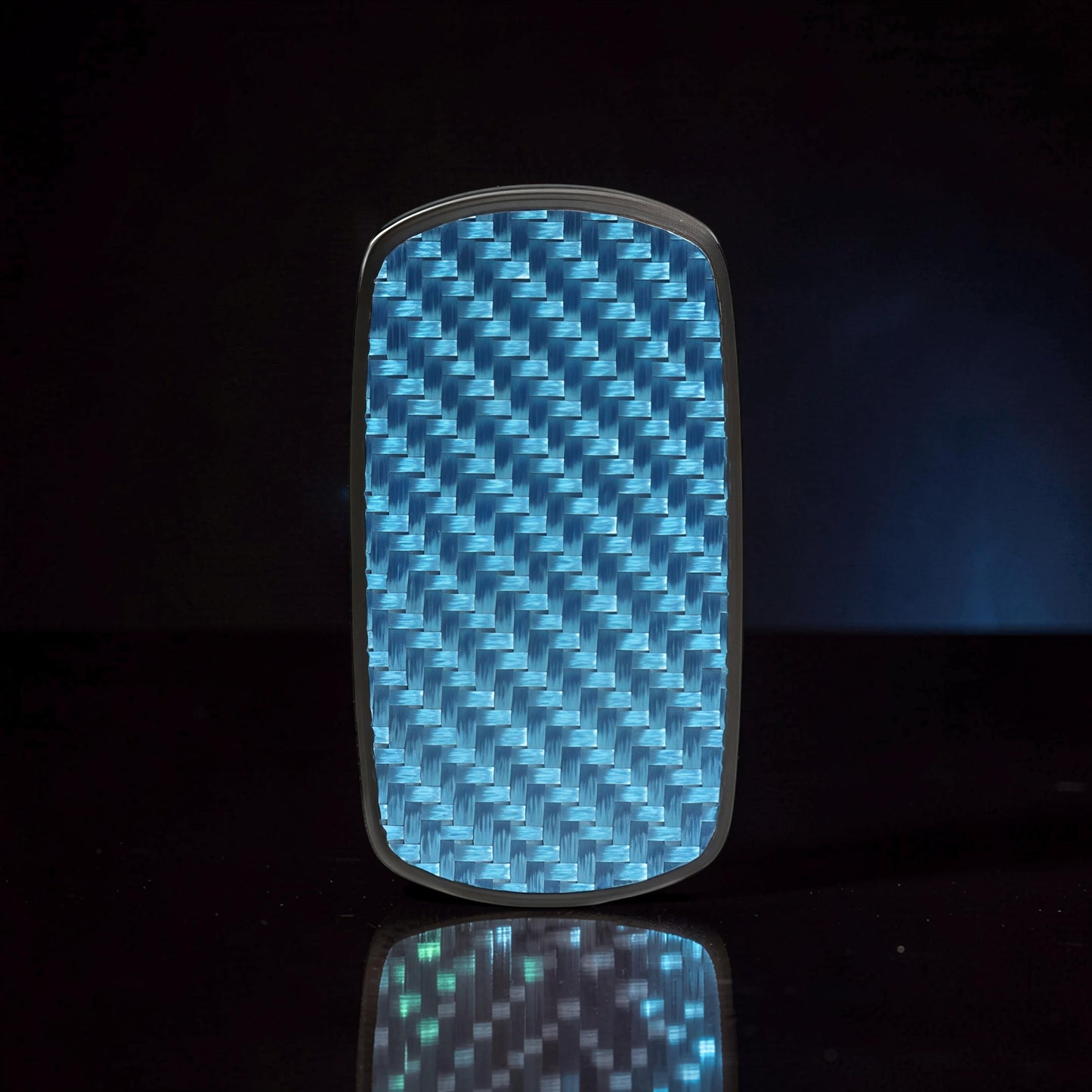 The Curious Mind Carbon Fiber Magnetic Slider with blue woven pattern and silver trim.