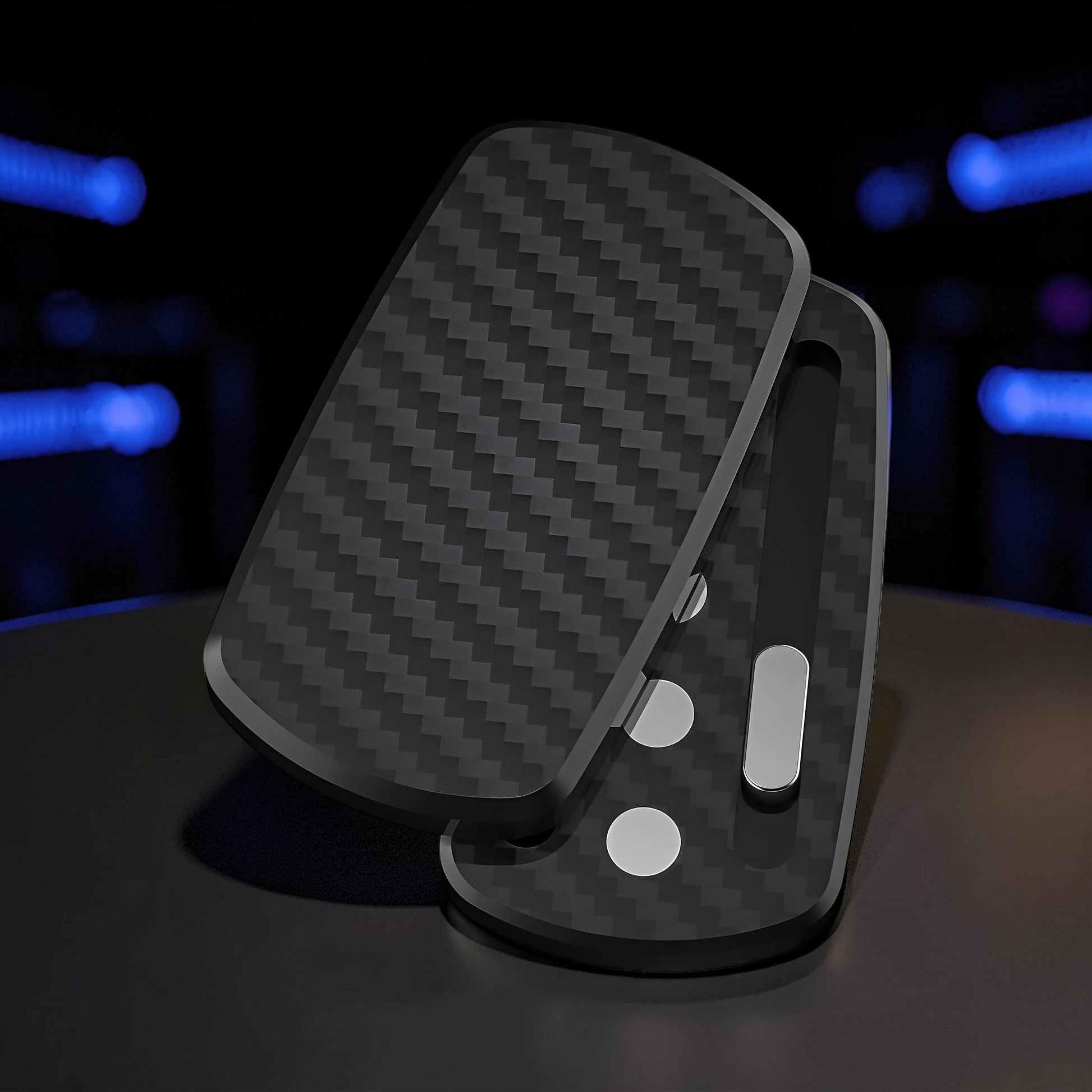 The Curious Mind Carbon Fiber Magnetic Slider fidget toy with a sleek, textured black finish and silver accents.