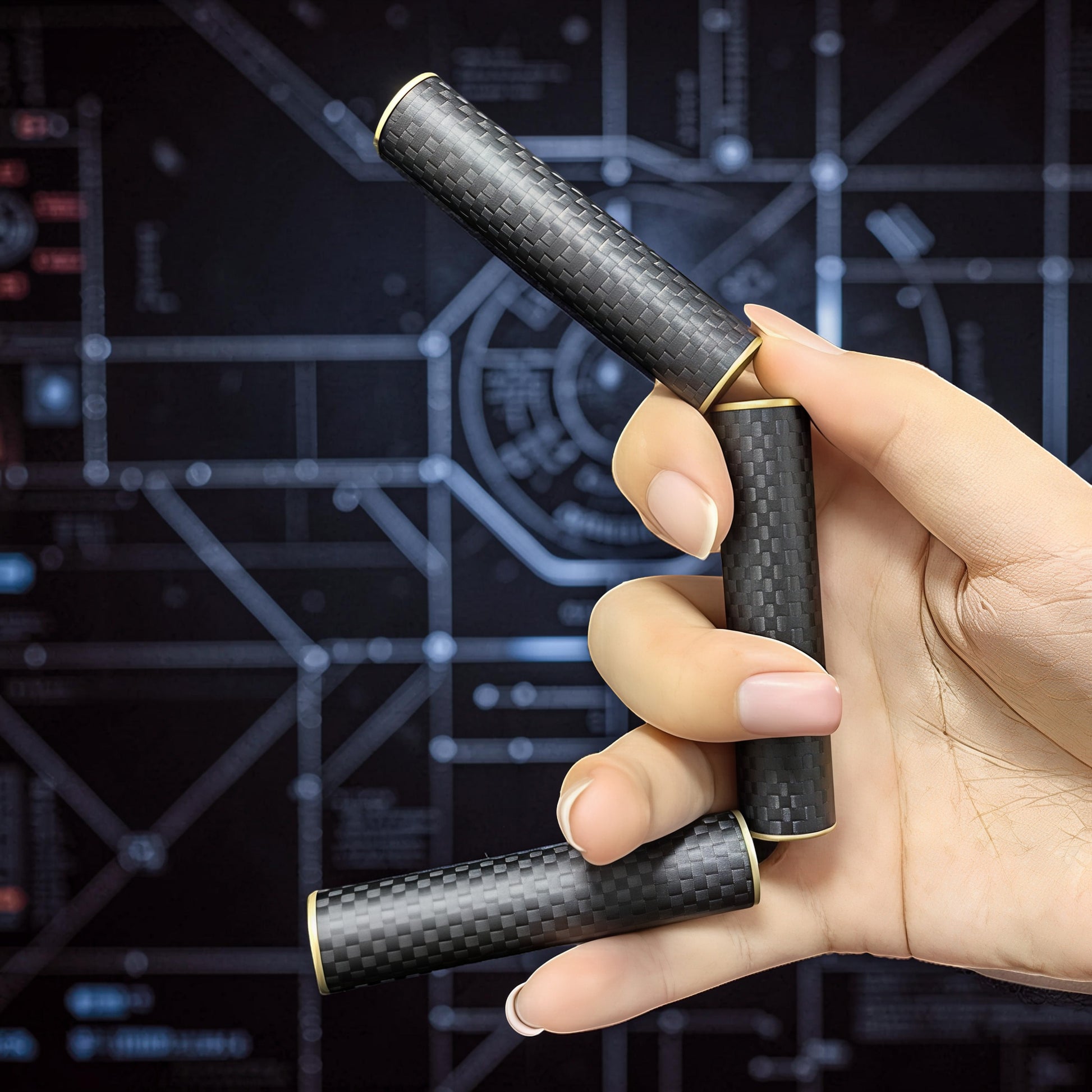 The Curious Mind magnetic carbon fiber slider fidget toy with gold accents, held in a hand against a tech-themed background.