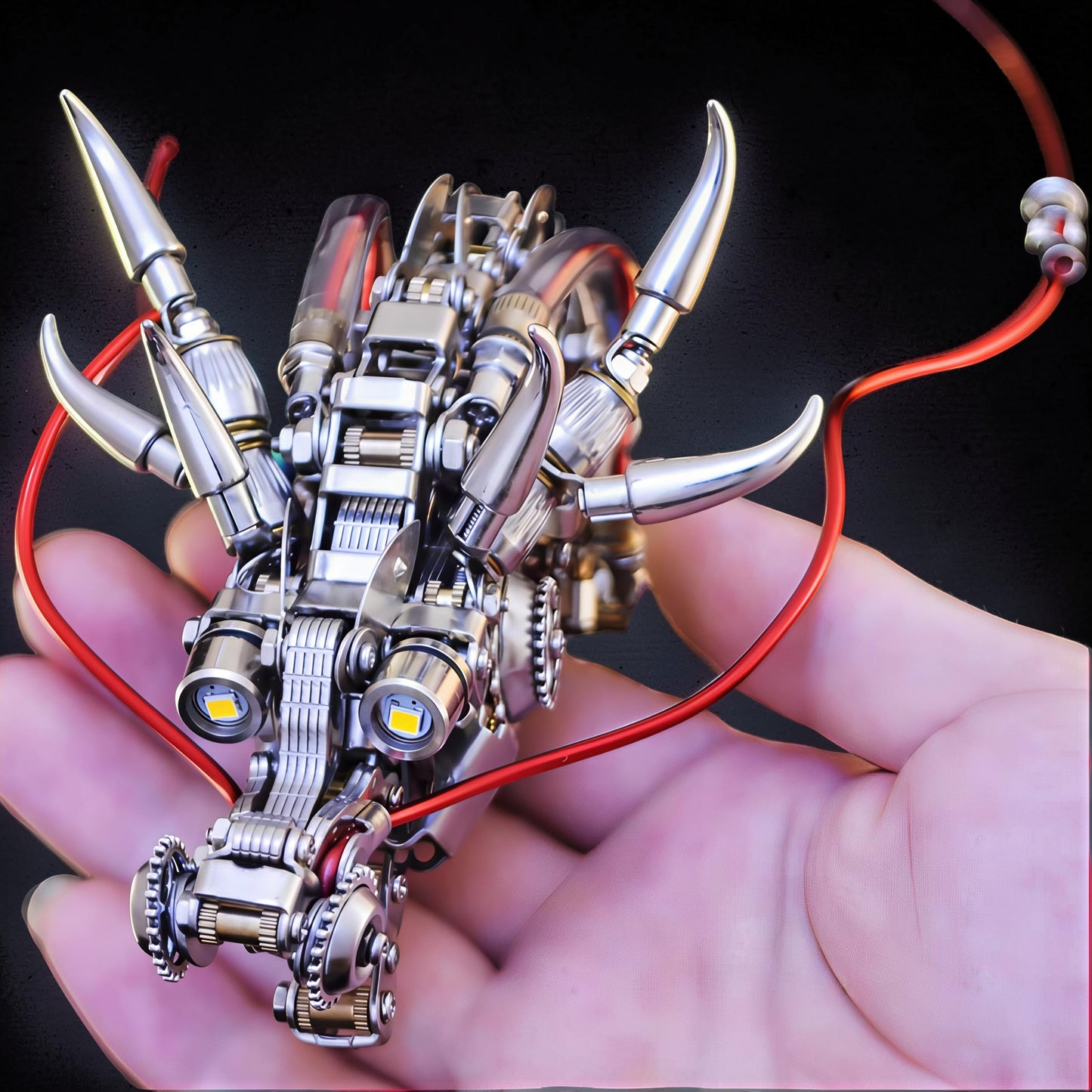 The Curious Mind Chinese Dragon 3D metal model kit, intricate mechanical design with LED eyes and red wire accents, held in a hand.