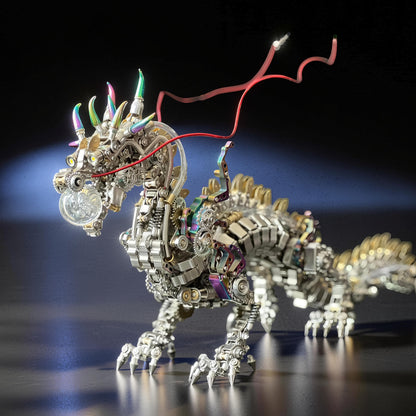 The Curious Mind Chinese Dragon 3D metal model kit with intricate gears and rainbow accents. Features a clear orb in its mouth and red wire details.