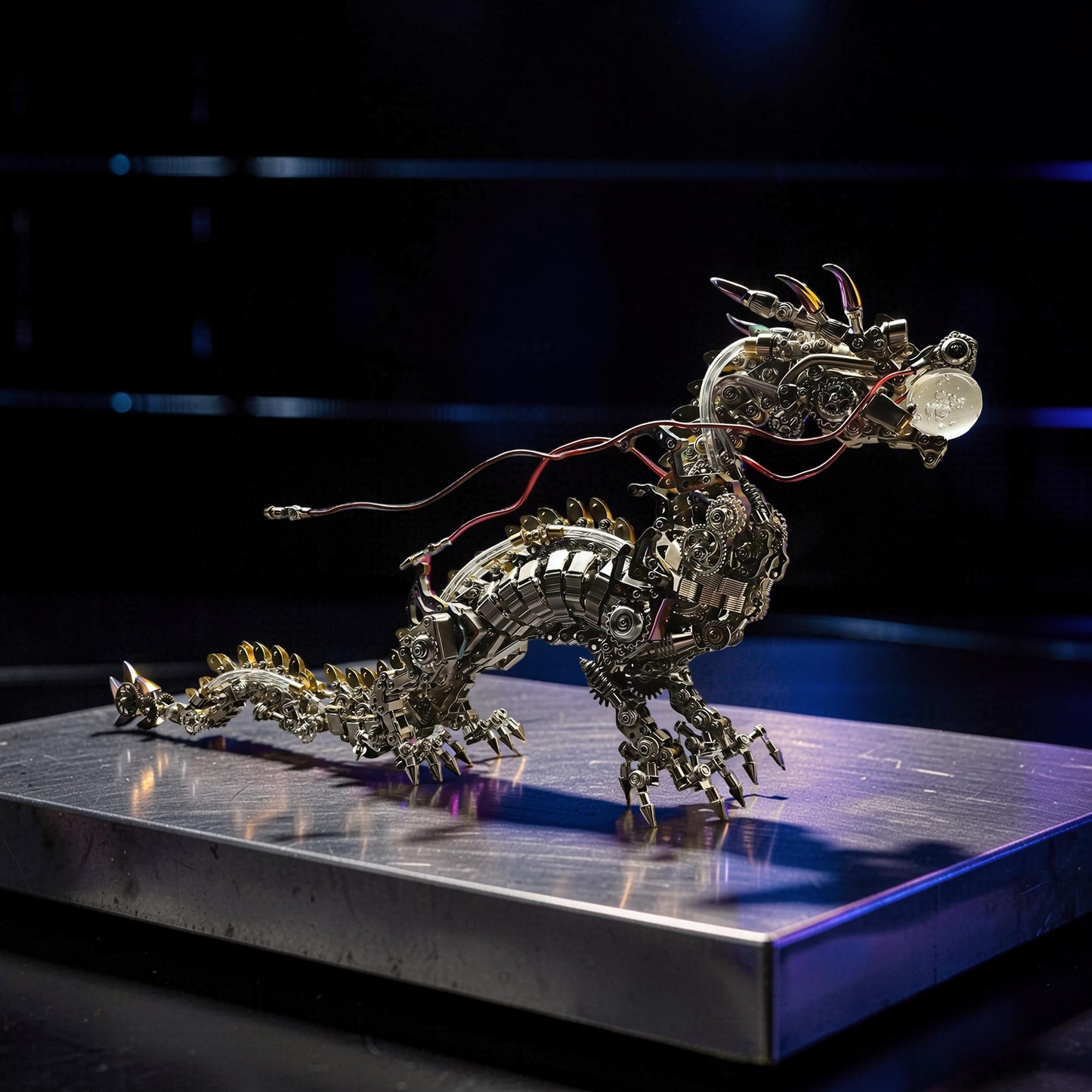 The Curious Mind Chinese Dragon 3D metal model kit with intricate gears and a crystal ball in its mouth.
