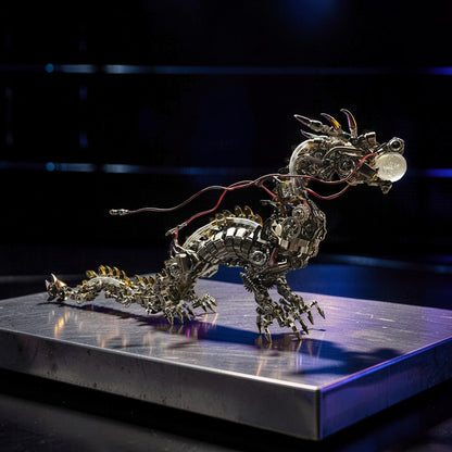 The Curious Mind Chinese Dragon 3D metal model kit with intricate gears and a crystal ball in its mouth.