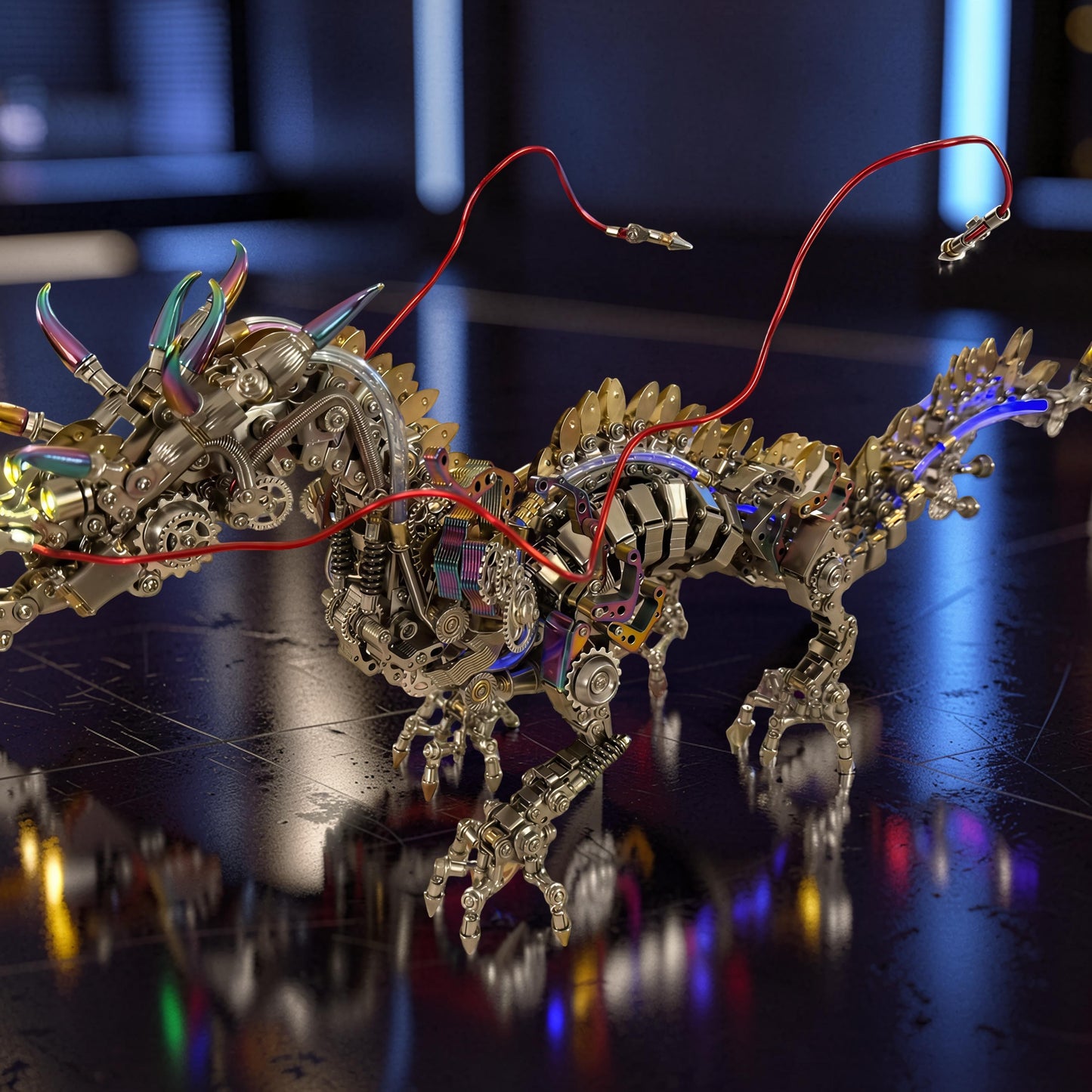 The Curious Mind Chinese Dragon 3D metal model kit with intricate gears, rainbow accents, and red wires. Steampunk desktop display.