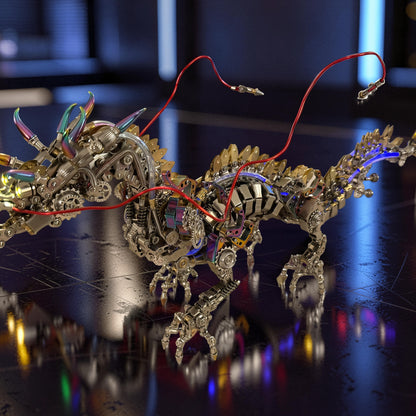 The Curious Mind Chinese Dragon 3D metal model kit with intricate gears, rainbow accents, and red wires. Steampunk desktop display.