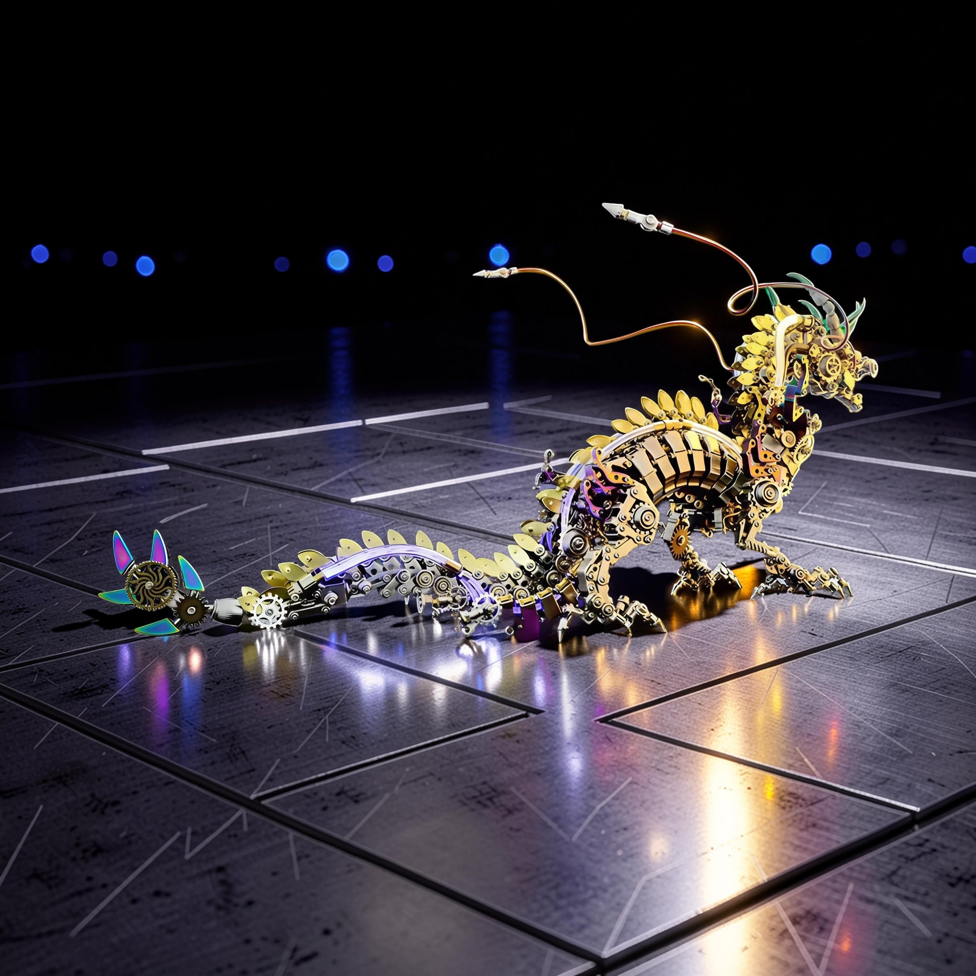 The Curious Mind Chinese Dragon 3D metal model kit, intricate gold and silver mechanical dragon with purple and blue accents.
