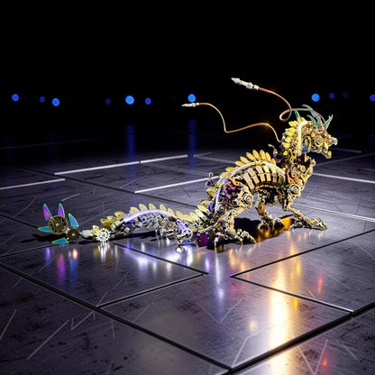 The Curious Mind Chinese Dragon 3D metal model kit, intricate gold and silver mechanical dragon with purple and blue accents.