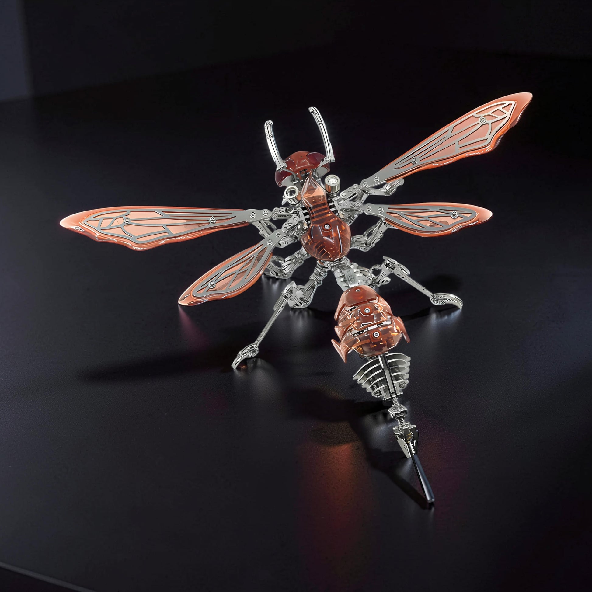 The Curious Mind Cyberpunk Hornet 3D metal model kit with copper and silver metallic finishes. Intricate mechanical insect design.