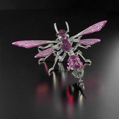 The Curious Mind Cyberpunk Hornet 3D metal model kit, featuring intricate silver metal and translucent purple components, designed as a mechanical insect.