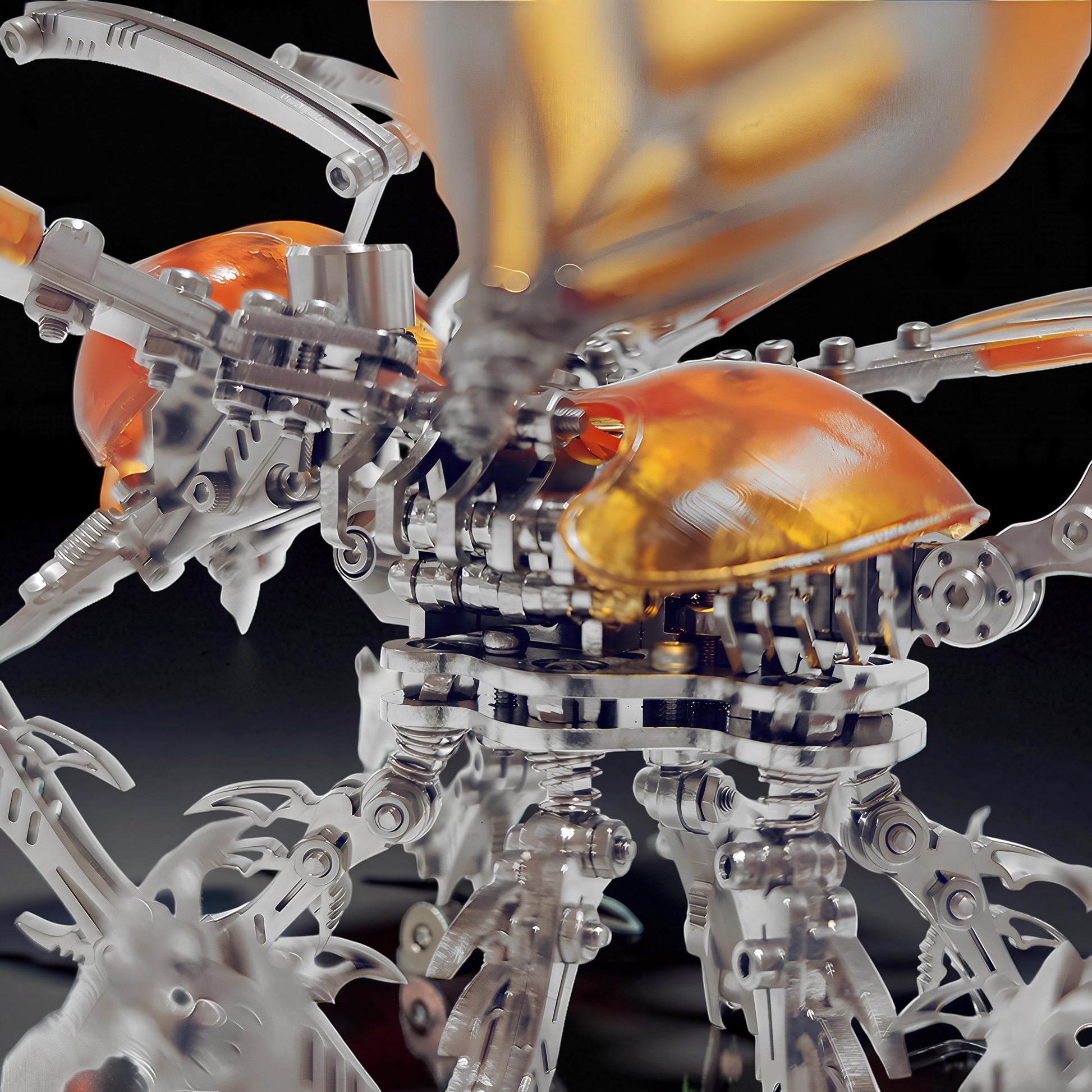 The Curious Mind Cyberpunk Hornet 3D metal model kit with intricate silver metal parts and translucent orange body.