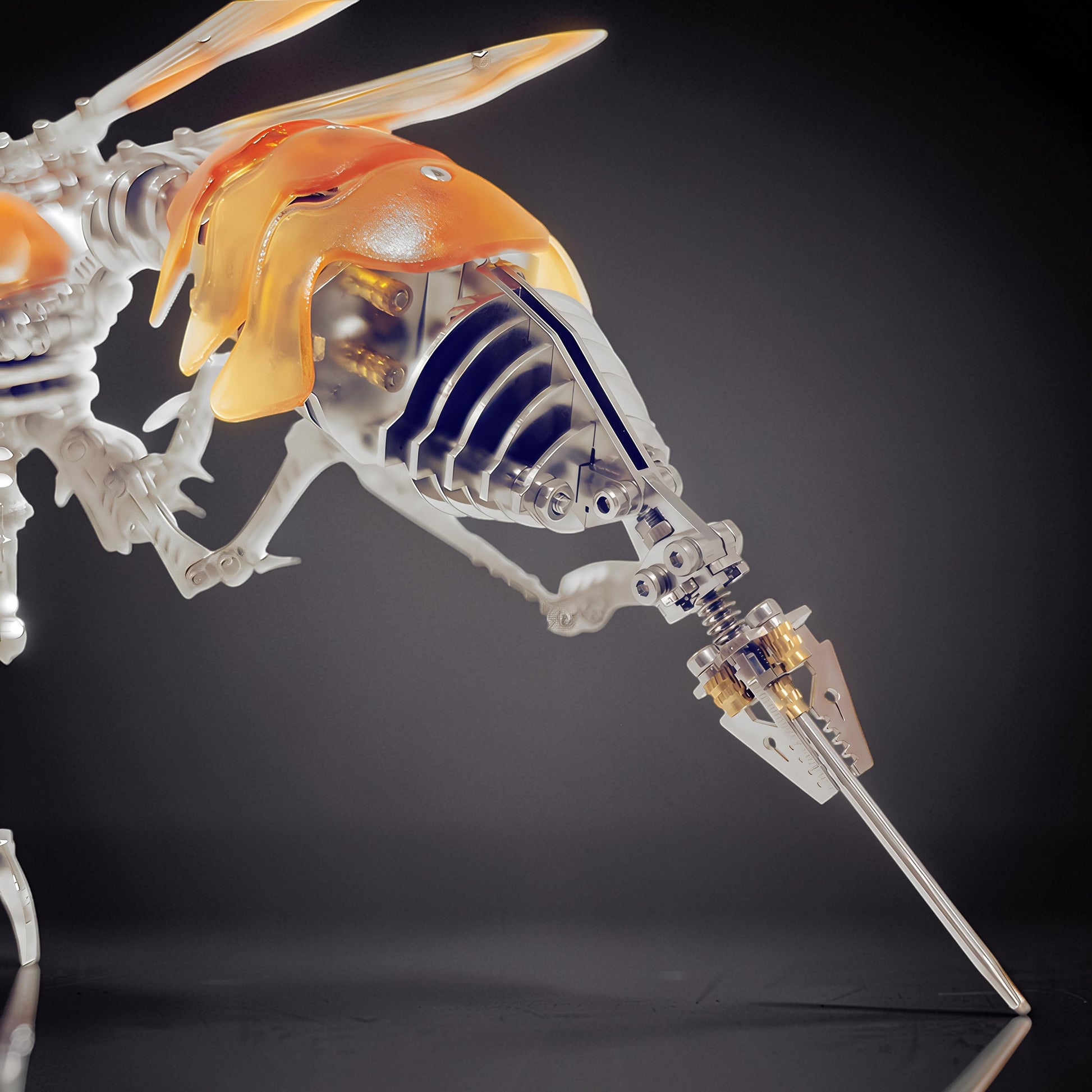 The Curious Mind Cyberpunk Hornet 3D metal model kit with translucent orange armor and intricate metallic details.