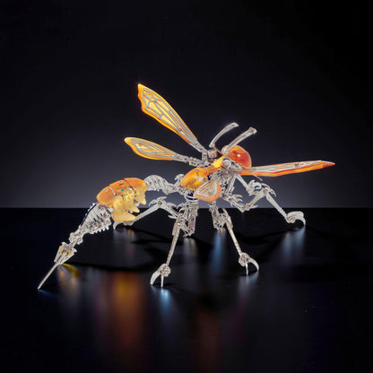 The Curious Mind Cyberpunk Hornet 3D metal model kit with orange translucent wings and body, intricate mechanical details.