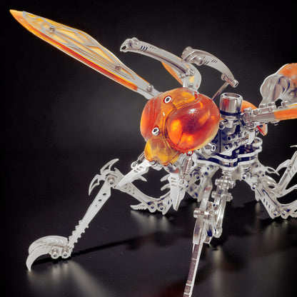 The Curious Mind Cyberpunk Hornet 3D metal model kit with orange translucent head and wings, intricate silver metal body and legs.