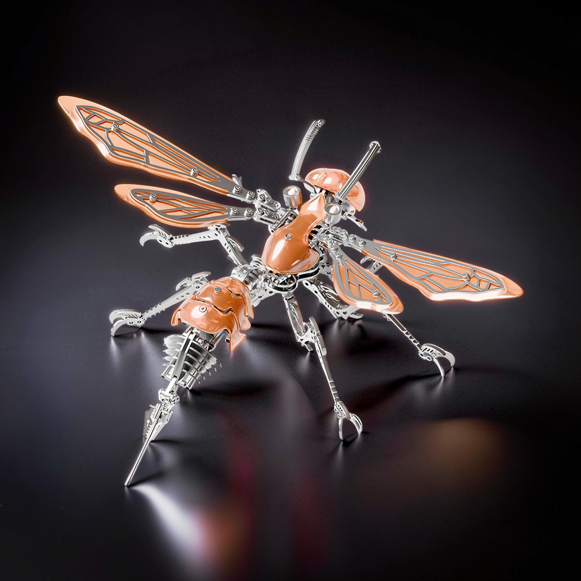 The Curious Mind Cyberpunk Hornet 3D metal model kit with copper and silver metallic finishes, intricate mechanical details, and insect-like design.