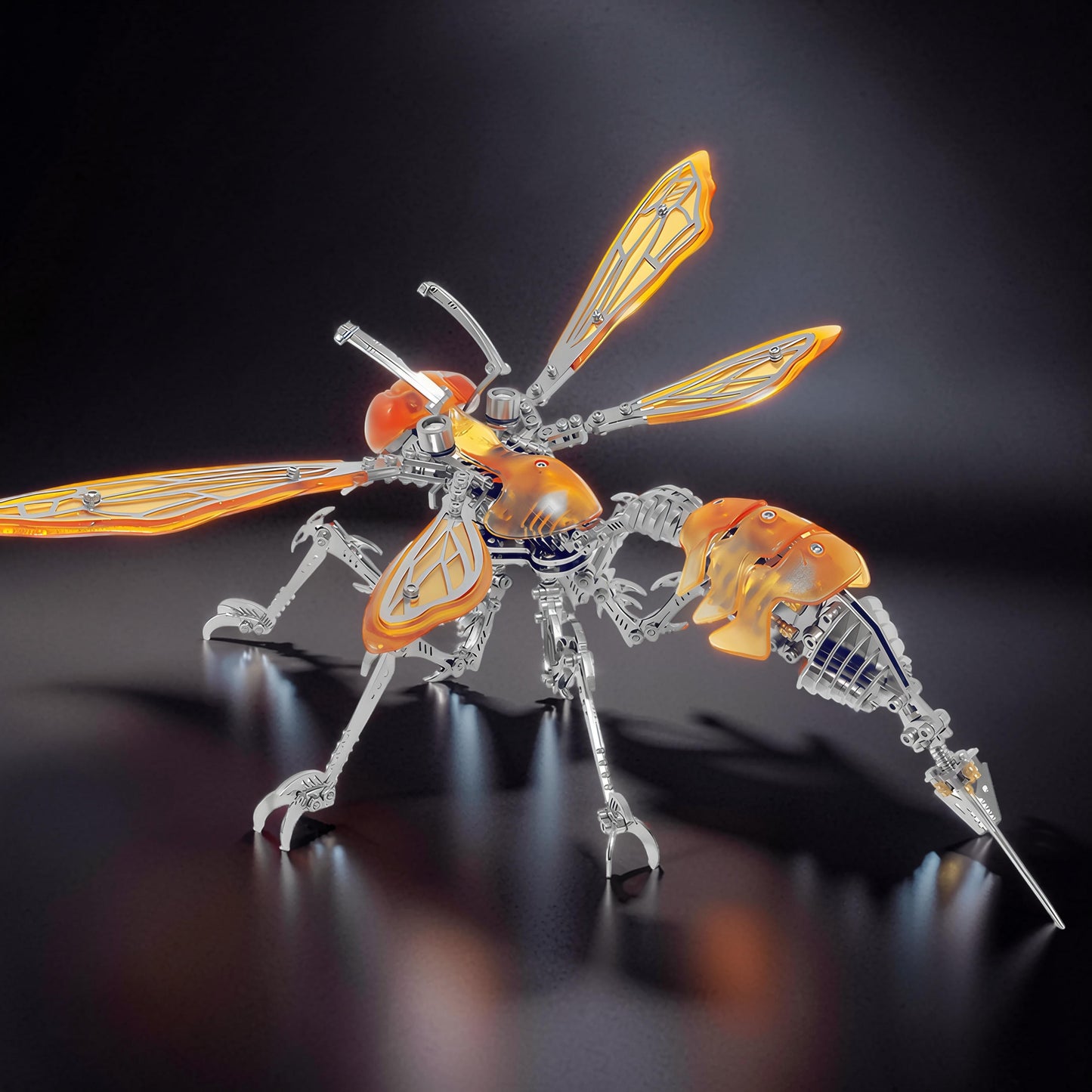 The Curious Mind Cyberpunk Hornet 3D metal model kit with orange translucent wings and body, silver metal frame, and intricate mechanical details.