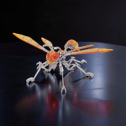The Curious Mind Cyberpunk Hornet 3D metal model kit with orange translucent wings and amber eyes, intricate mechanical details.