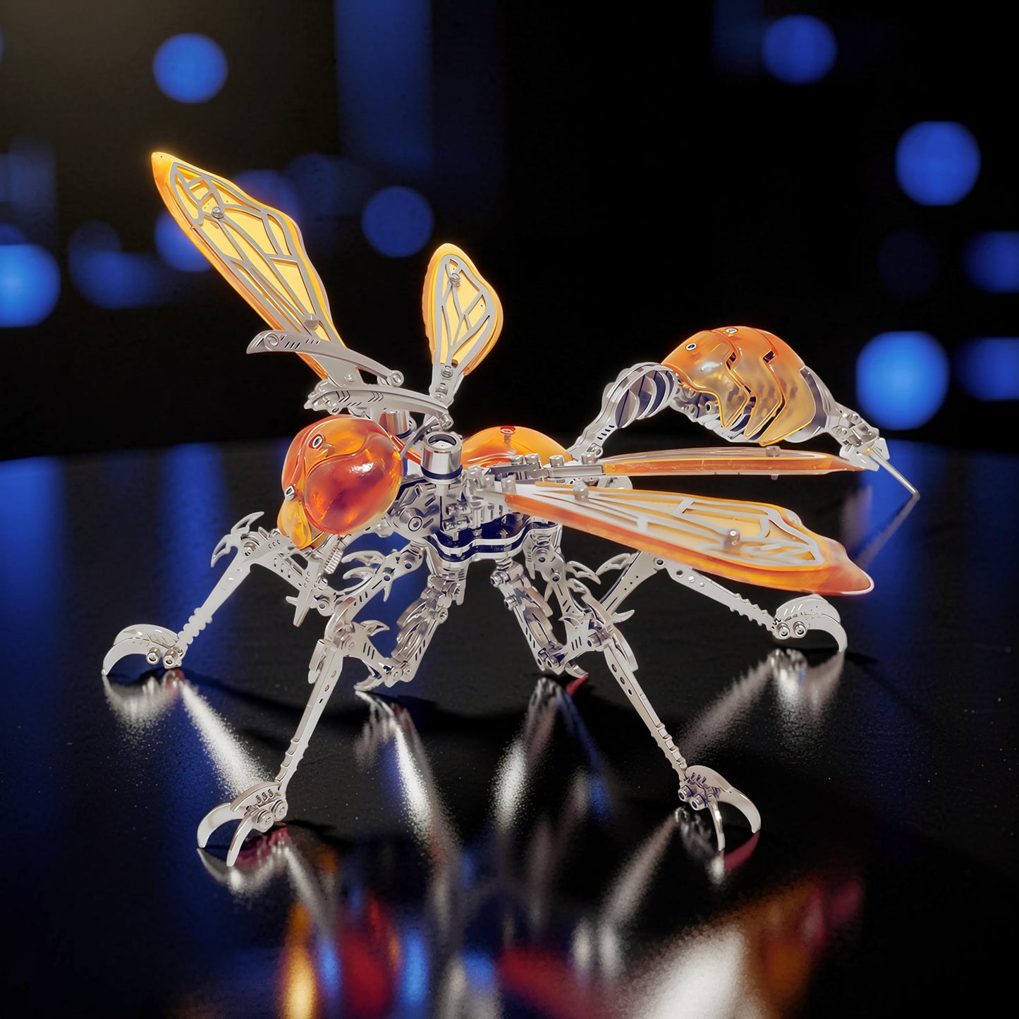 The Curious Mind Cyberpunk Hornet 3D metal model kit with orange translucent wings and body, intricate mechanical details.