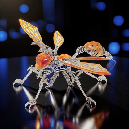 The Curious Mind Cyberpunk Hornet 3D metal model kit with orange translucent wings and body, intricate mechanical details.