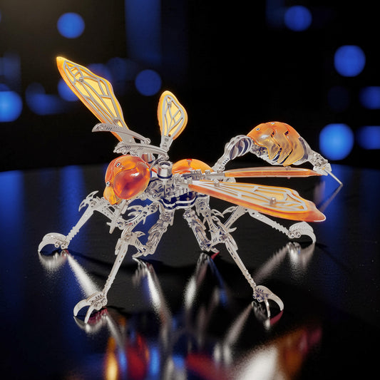 The Curious Mind Cyberpunk Hornet 3D metal model kit with orange translucent wings and body, intricate mechanical details.