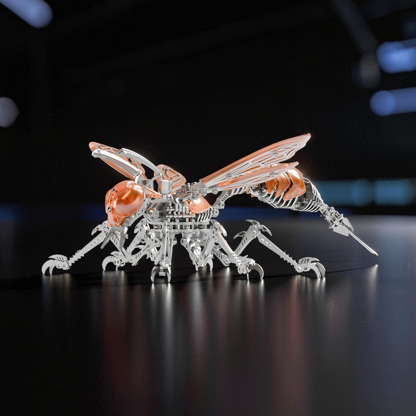 The Curious Mind Cyberpunk Hornet 3D metal model kit with copper accents and intricate mechanical details.