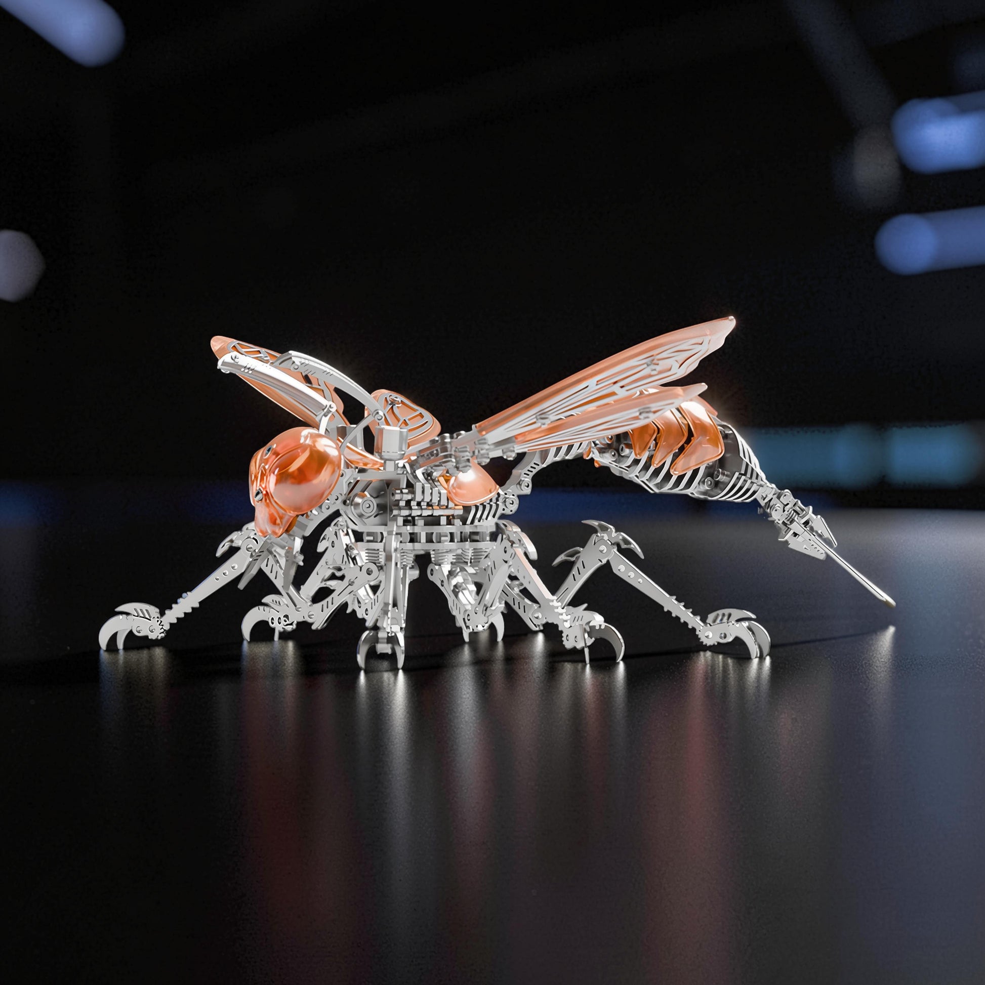 The Curious Mind Cyberpunk Hornet 3D metal model kit with copper accents and intricate mechanical details.