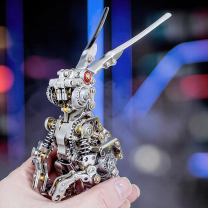 The Curious Mind Cyberpunk Rabbit 3D metal model kit, intricate mechanical design with gears and springs, silver and gold accents.