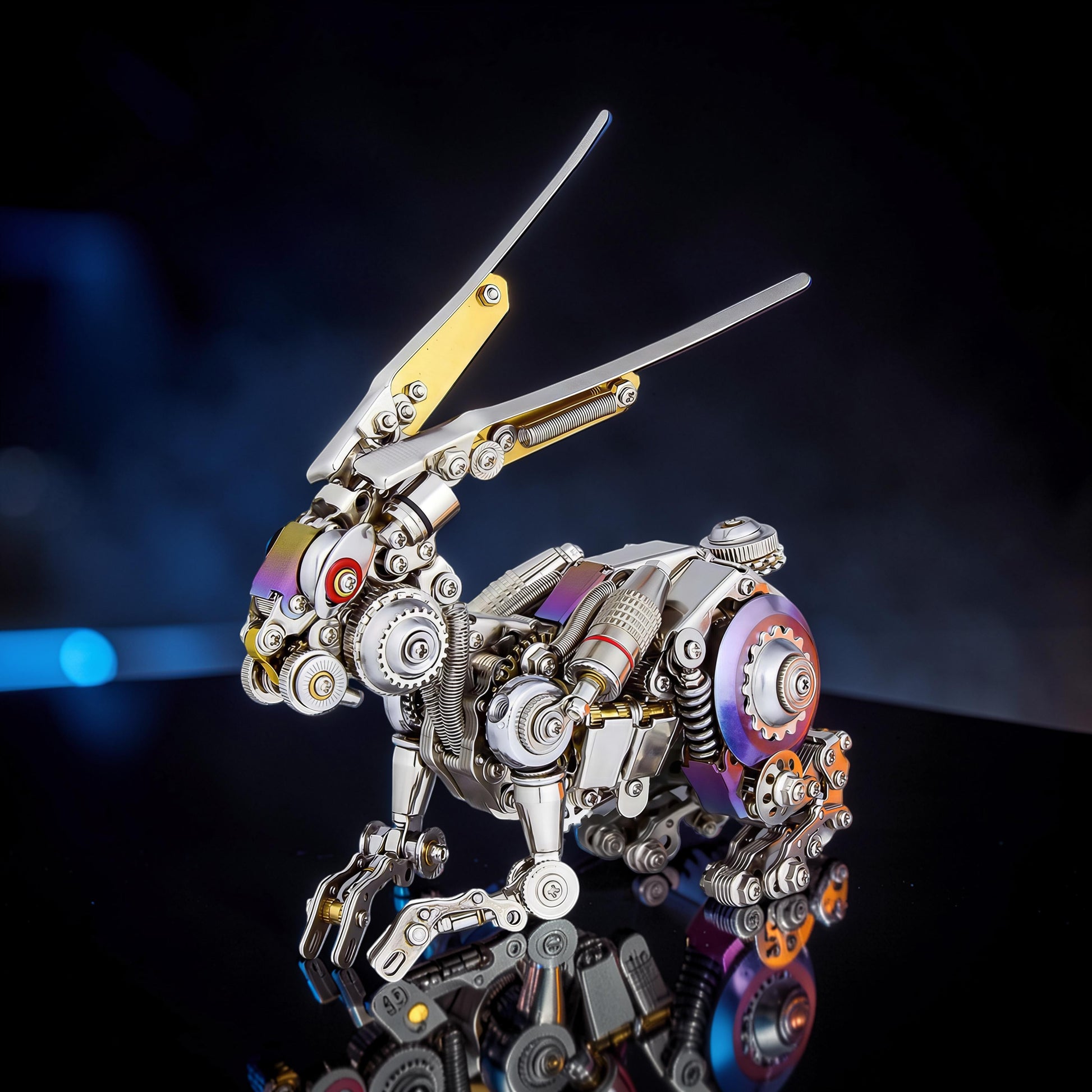 The Curious Mind Cyberpunk Rabbit 3D metal model kit, intricate mechanical design with silver, gold, and iridescent purple accents.