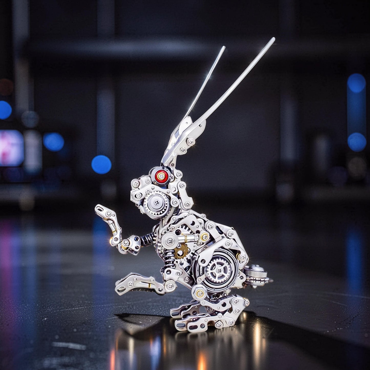 The Curious Mind Cyberpunk Rabbit 3D metal model kit, intricate mechanical design with gears and silver finish.