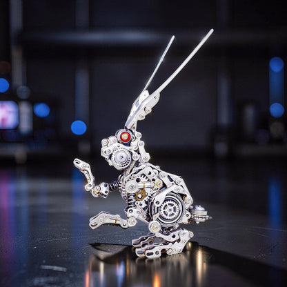 The Curious Mind Cyberpunk Rabbit 3D metal model kit, intricate mechanical design with gears and silver finish.