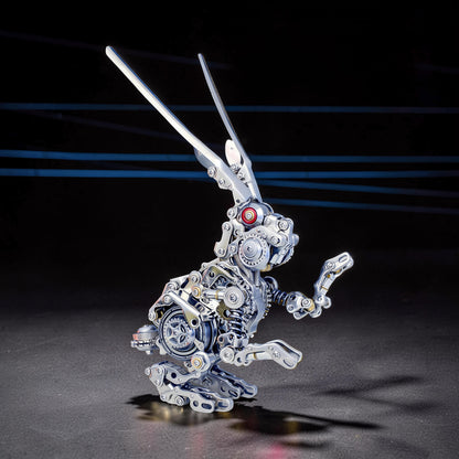 The Curious Mind Cyberpunk Rabbit 3D metal model kit, intricate mechanical design with gears and springs, silver finish, red eye detail.