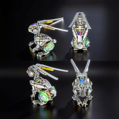 The Curious Mind Cyberpunk Rabbit 3D metal model kit, intricate mechanical design with silver, gold, and iridescent accents.