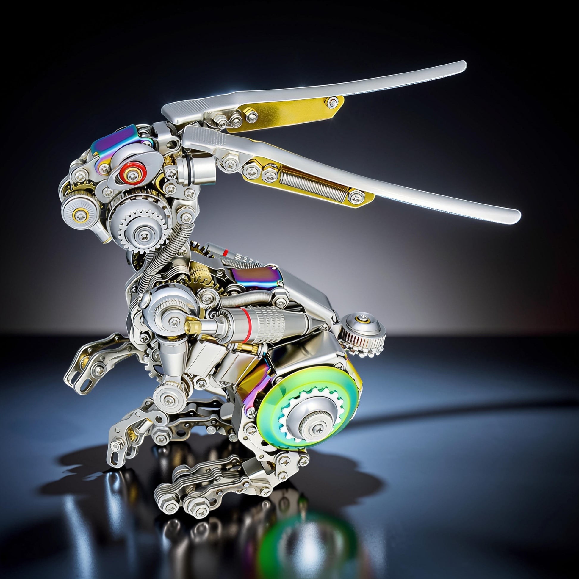 The Curious Mind Cyberpunk Rabbit 3D metal model kit, intricate mechanical design with silver, gold, and iridescent accents.