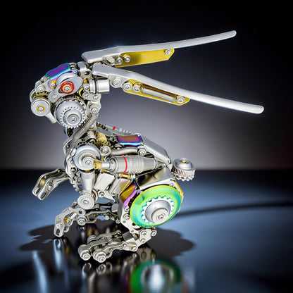 The Curious Mind Cyberpunk Rabbit 3D metal model kit, intricate mechanical design with silver, gold, and iridescent accents.