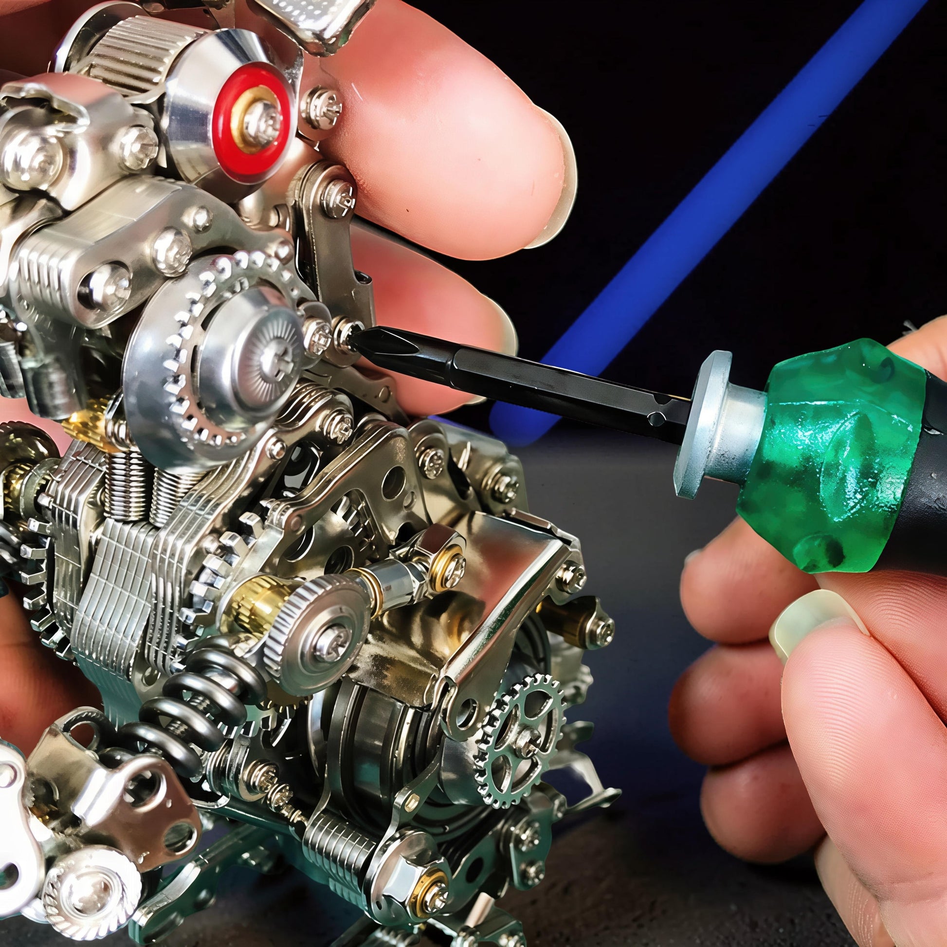 The Curious Mind Cyberpunk Rabbit 3D metal model kit being assembled with a screwdriver. Intricate metal parts and gears.