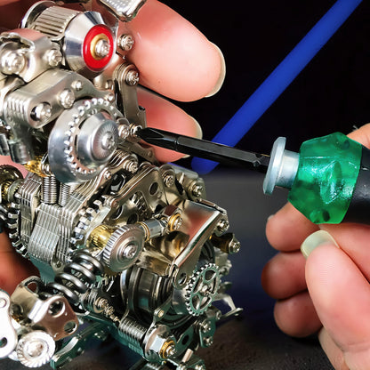 The Curious Mind Cyberpunk Rabbit 3D metal model kit being assembled with a screwdriver. Intricate metal parts and gears.