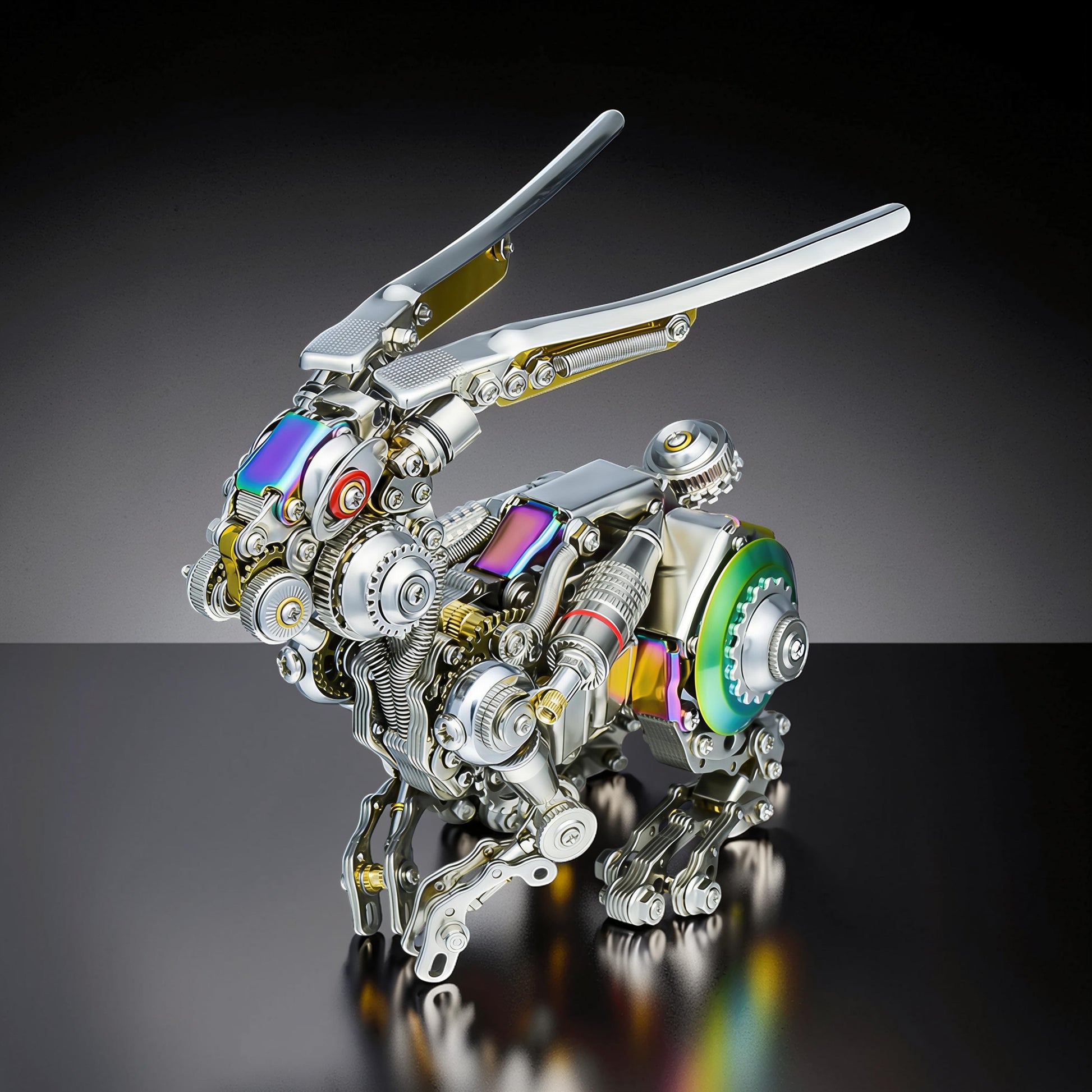 The Curious Mind Cyberpunk Rabbit 3D metal model kit, intricate mechanical design with iridescent accents.