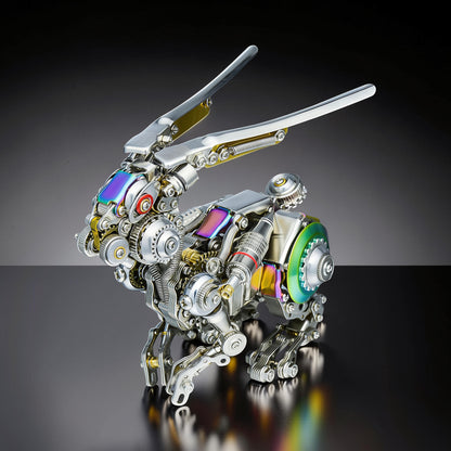 The Curious Mind Cyberpunk Rabbit 3D metal model kit, intricate mechanical design with iridescent accents.