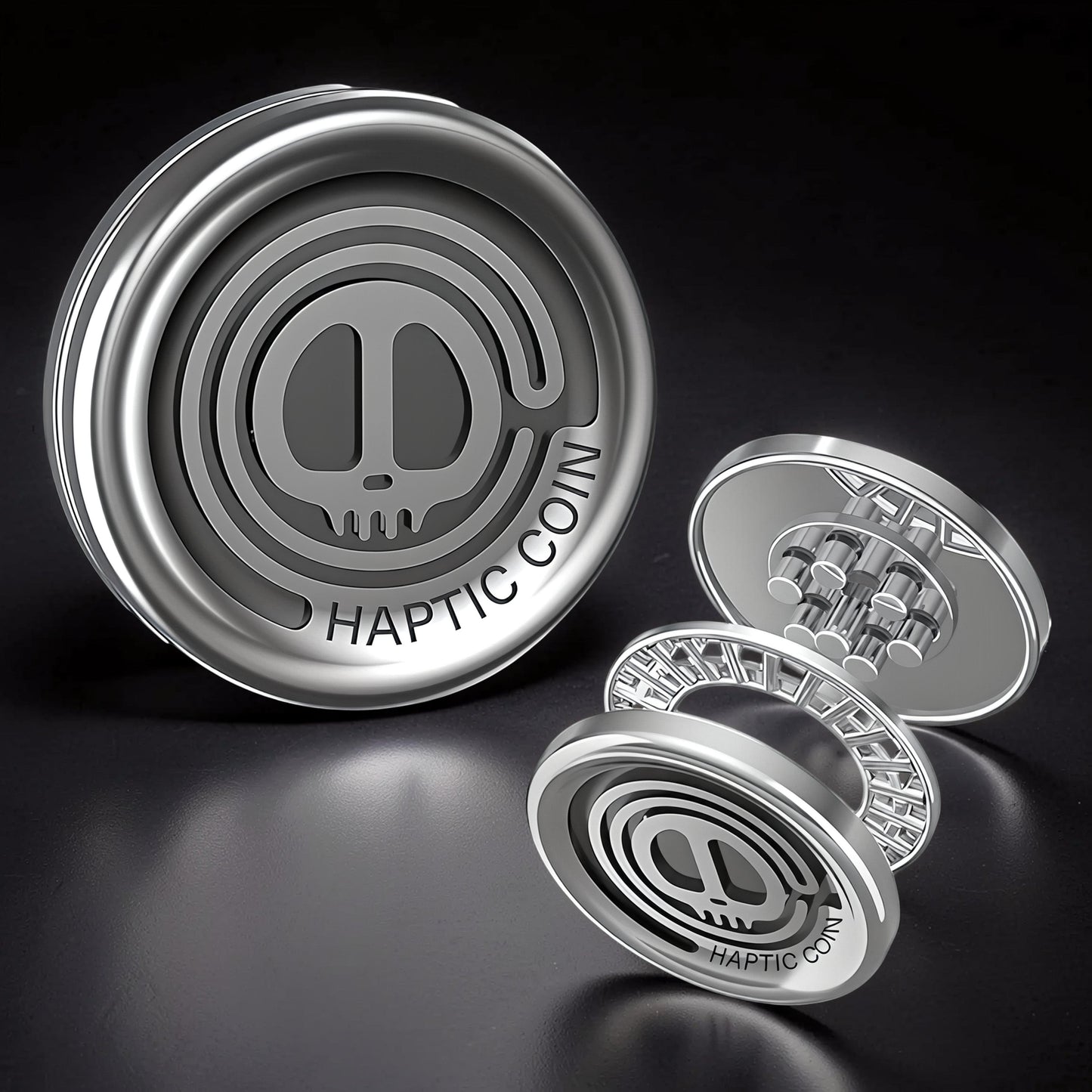 The Curious Mind Demon Coin Push Card Clicker fidget toy. Silver metal coin with skull logo and HAPTIC COIN text. Compact and tactile.